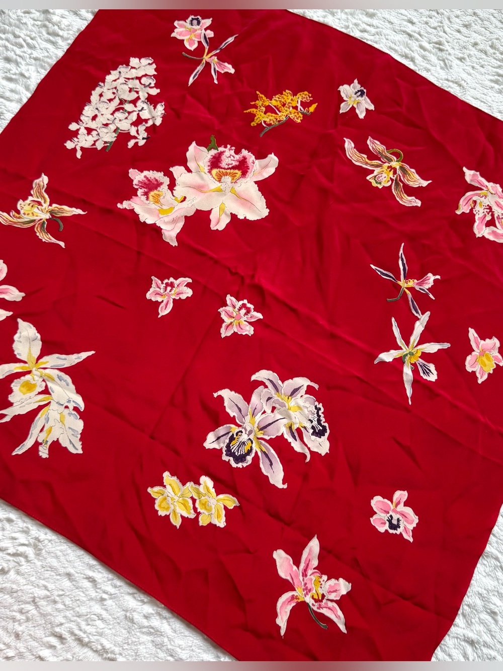 Vintage Silk Chinese Scarf Red Floral Artist Seal Orchids Art To Wear Maximalism